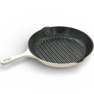 LE CREUSET #30 White Enamel Cast Iron 12" Round Grill Skillet Double Spouted
